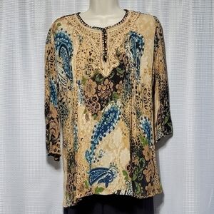 80s VTG Dress Barn Beads Lace Gauze Floral Paisley Blues Browns Pop Over Top (L)
